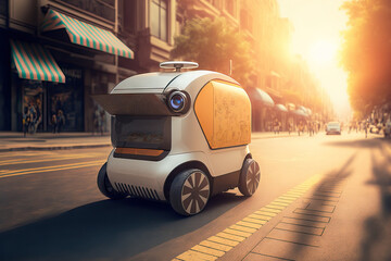 autonomous delivery robot driving alone on the street, idea of smart vehicles,. Generative AI