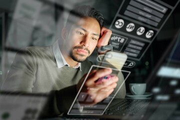 Fototapete - Phone, overlay or man reading news on financial website or searching for investment in stock market. Hologram, focus or trader with digital ui or ux on fintech app for profit growth data at night