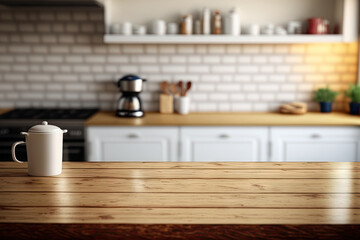 Canvas Print - Unoccupied wooden table in front of a kitchen background that is vague and hazy. might be employed to montage or display your merchandise. Mockup for product display. Generative AI