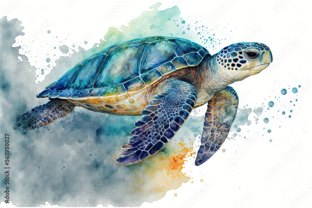 Cute sea turtle watercolor picture of marine life, ocean wildlife, and ...