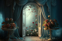A Gorgeous Background Featuring A Table, Curtains, And Roses. Generative AI