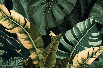 Wall Mural - Dark green tropical foliage, flowery backdrop, manstera, and palm leaves on a black background. Generative Ai.