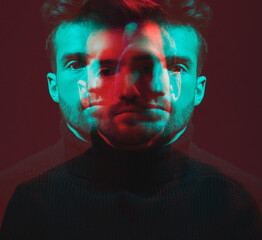 neon lighting, double exposure and portrait of man isolated in studio for art, identity and confiden