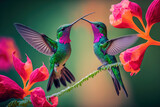 Hummingbirds in pairs and a pink flower. Hummingbirds with fiery throats soaring next to a gorgeous blooming flower in Savegre, Costa Rica. Natural action scene with fauna. Generative AI