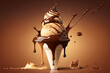 Chocolate Ice cream sundae with caramel, Brown Background, Isolated, Copyspace, Generative AI