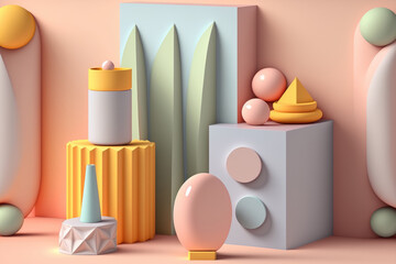 Wall Mural - abstract background and podium in a simple setting. geometrical forms. scene in pastel colors. very little. Scene for a cosmetic product with geometric shapes and a textured background. Generative AI