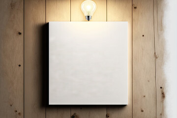 Sticker - Poster mockup. Background of light wooden wall and square white canvas. Generative AI