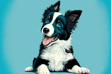 Canvas Print - Border collie puppy being goofy and emotional in a lovely position. On a blue backdrop, a pet. Generative AI