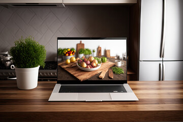 Canvas Print - Mockup laptop with a blank screen and copy space for a product display on a hardwood table in a kitchen. Generative AI