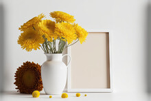 Yellow Chrysanthemum In Vase And Frame On White Shelf On White Background. Generative AI