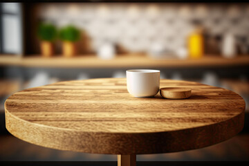 Sticker - Wood table with blank copy space for a mockup of a product display in a modern restaurant or coffee shop's fuzzy background. Concept for a restaurant counter's interior design. Generative AI