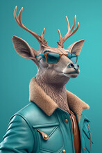 Stylish Deer  As Fashion Model In Leather Jacket Generative AI Digital Illustration Part#40223
