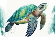 Isolated Sea Green Turtle On A White Background. Illustration. Watercolor. An Image. Generative AI