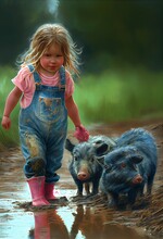 Little Girl Toddler  In Denim Overalls And Pink Shirt Playing With Cute Adorable Piglets In The Mud