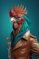 Stylish  Rooster as Fashion Model in Leather Jacket Generative AI Digital Illustration Part#40223