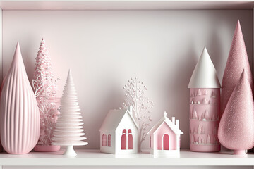 Canvas Print - pink and white softly Christmas decorations on a white shelf with copy space against a white wall banner background. residences, a church, and dazzling trees made of ceramic. Generative AI