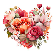 Heart Shaped Rose Bouquet, Romantic Heart Vignette Made Of Vintage Flowers  And Leaves Of Roses In Gentle Retro Style Watercolor Painting, PNG Transparent Background, Generative AI.