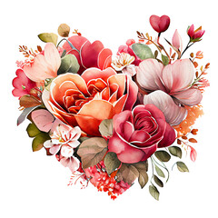 heart shaped rose bouquet, Romantic heart vignette made of vintage flowers  and leaves of roses in gentle retro style watercolor painting, PNG transparent background, generative AI.