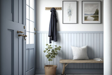 Wall Mural - Scandinavian hallway in white and blue tones with frame mockup. Wooden bench and coat rack. Glass, wallpaper and entrance door, farmhouse interior design, 3d illustration. Generative AI
