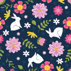 Wall Mural - Cute seamless pattern with white bunny and beautiful flowers