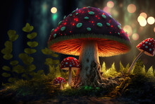 Magical Fungi Fly Agaric In The Forest, A Magnificent Woodland Thicket. Fantasy Moss With Glowing Mushrooms. Generative AI