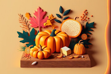 Sticker - Concept of a happy Thanksgiving. Autumnal composition with dried flowers, ripe orange pumpkins, and fallen leaves on a log table. top perspective, copy space, and a flat lay. Generative AI