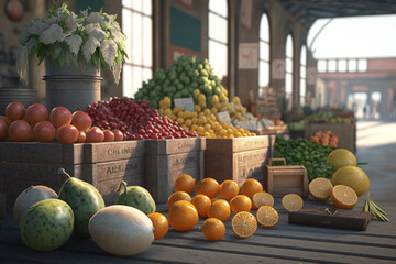 Farmer's market with ripe fruits and vegetables. Generative AI