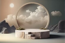 Stone And Moss Stage Podium, Mountain And Cloudy Sky Background Generative AI
