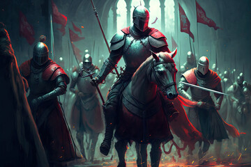 Red flagged army engaged in medieval combat with swords and metal armored men. Dark age combat with knights, warriors, and crusaders in a dramatic digital artwork illustration. Generative AI