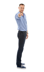 Wall Mural - Choice, confident and portrait of a man pointing for a decision isolated on a white background. Happy, pride and mature handsome guy with hand gesture for choosing and giving motivation on a backdrop