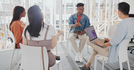 Poster - Business people, startup meeting or brainstorming in office for diversity, planning or teamwork strategy. Digital marketing team, laptop and discussion with group, think tank or conversation for idea