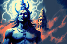 Painting Of God Mahadev And Lord Shiv With Clouds And Sun Rays Rays And Clouds In Blue God Mahadev Meditating With A Blurred Trishul. Generative AI