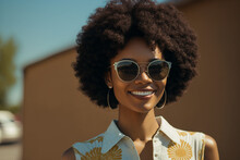Full Body Portrait, Stock Photography Portrait Of An Afro Haired Girl Wearing Sunglasses Smiling. Ai Generated Art