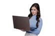 © Iona - Adorable brunette hispanic businesswoman in casual holds new laptop looks at screen surprised by perfect quality standing against transparent background. Female manager works using computer. Mockup