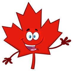 Wall Mural - Happy Canadian Red Maple Leaf Cartoon Mascot Character Waving For Greeting. Hand Drawn Illustration Isolated On Transparent Background