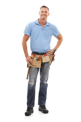 Handyman, industry and portrait of a man in studio with a tool belt for repairs or maintenance. Happy, smile and full length of male industrial worker standing with tools isolated by white background