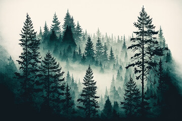 Poster - Hipster vintage retro style misty scene with fir forest. Generative AI