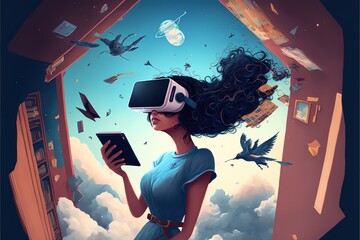 A woman with a virtual reality headset looking at a book in a doorway with birds flying around her and a sky background cyberpunk art retrofuturism dystopian art