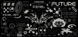 © Limpreom - Cyberpunk futuristic shape design elements. Large collection of abstract graphic retro geometric symbols and objects in 2000 style. Templates for notes, posters, banners, stickers, business cards,logo