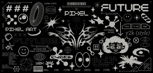 Wall Mural - Cyberpunk futuristic shape design elements. Large collection of abstract graphic retro geometric symbols and objects in 2000 style. Templates for notes, posters, banners, stickers, business cards,logo