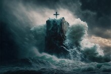 A Cross On A Rock In The Middle Of A Large Ocean With A Huge Wave Crashing Over It And A Dark Sky A Matte Painting Power Of Faith Art Cinematic Matte Painting