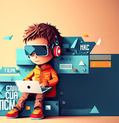 Kid Coding Computer Programming Paper cut banner, Generative AI