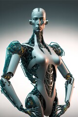 A futuristic woman with a robotic body and arms and legs posing for the camera with a white background a computer rendering afrofuturism ai revolution robotics