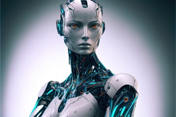 A robot with a lot of wires on its body and orange eyes is standing in front of a white background a computer rendering machine intelligence ai revolution robotics