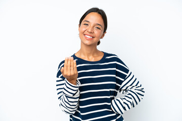 Wall Mural - Young hispanic woman isolated on white background inviting to come with hand. Happy that you came