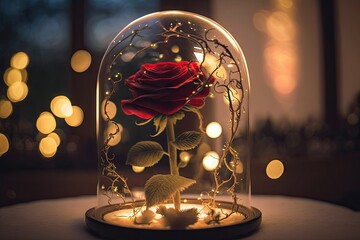 Preserved rose in glass dome with light and bokeh. Generative AI.