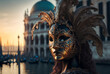 girl in venetian mask on background italian landscape at sunset