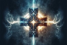A Cross With A Glowing Light In The Middle Of It And A Blue Background With Clouds And Stars Around It 3d Art Render Power Of Faith Art Faith Power