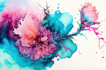 Canvas Print - Alcohol ink and watercolor were used to create an abstract fluid art painting of vibrant pastel pink and blue tones, which was then isolated on a white background. Generative AI