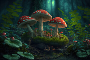 Poster - In a clearing in the woods, fly agaric mushrooms flourish. Wonderful magic mushrooms in a shadowy jungle. A wonderful wonderland setting for the story Alice in Wonderland. Generative AI